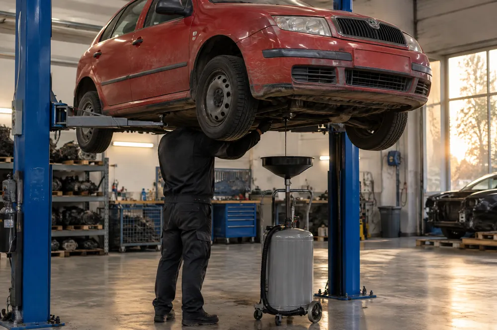 Technik odčerpává motorový olej z vany motoru Škody Fabie na zvedáku v zpracovatelské hale