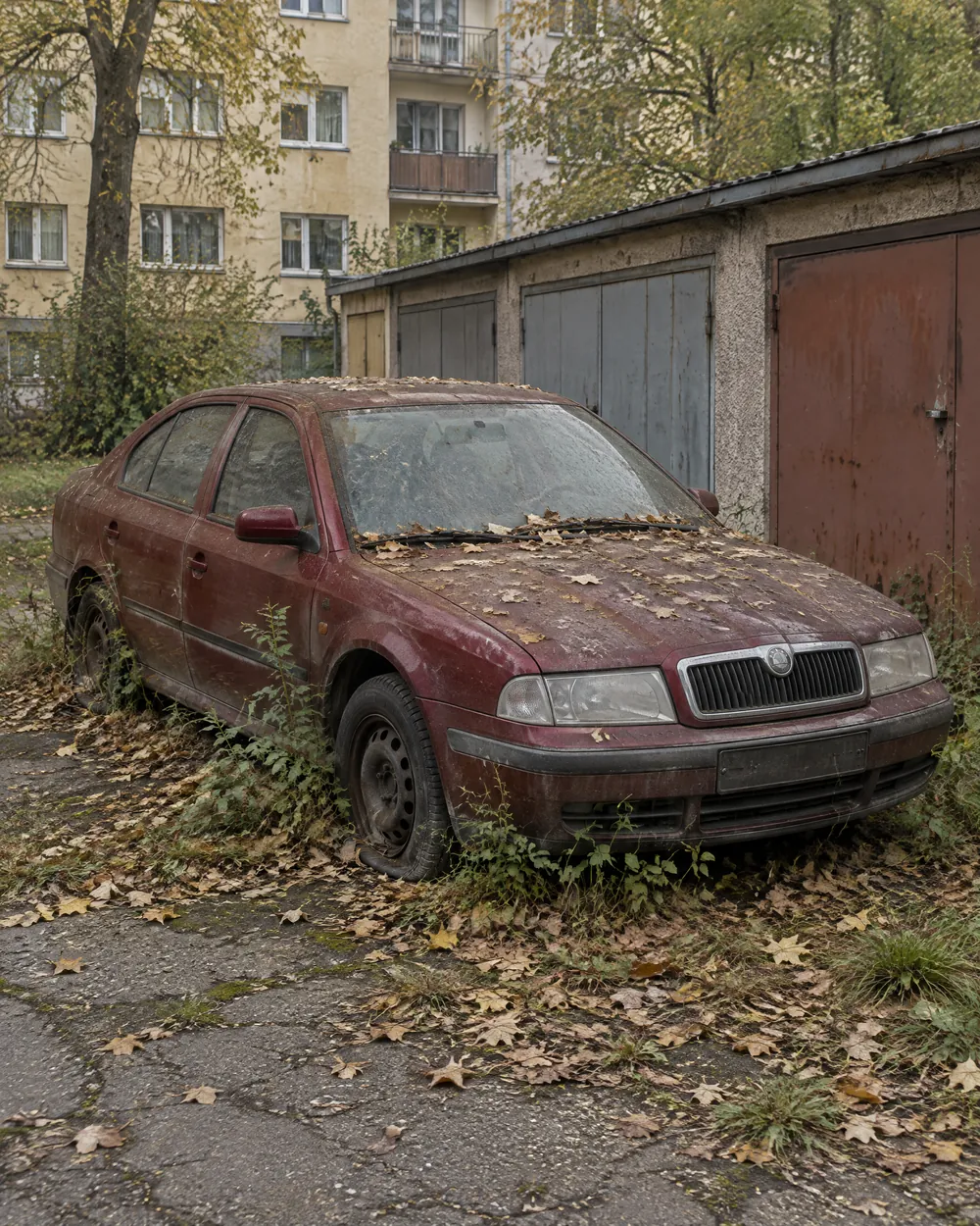 Léta nepoužívaná Škoda Octavia s prázdnými pneumatikami ve dvoře u řadových garáží